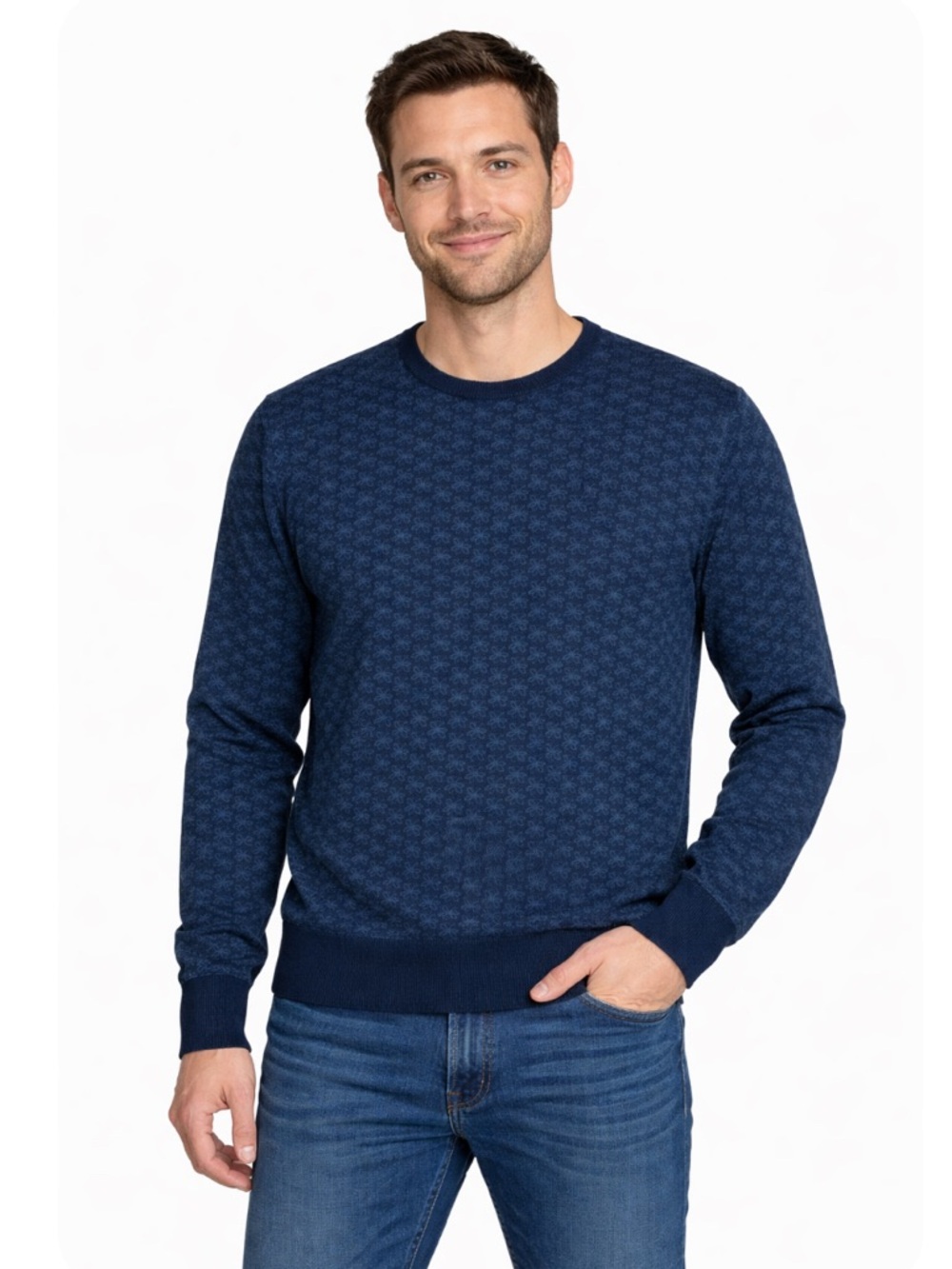 Fortcollins Men's‎ Flower Print Ombré Navy Crewneck Sweater
